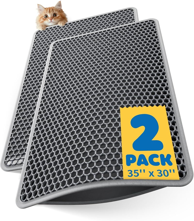 Powools 35" x 30" Cat Litter Mats (2-Pack) - Ultra-Large Litter Box Mats with Double Layers, Urine-Proof and Non-Slip Litter Trapping Mats, Easy to Clean Kitty Litter Mats for Floor, Scatter Control, Grey - Image 1
